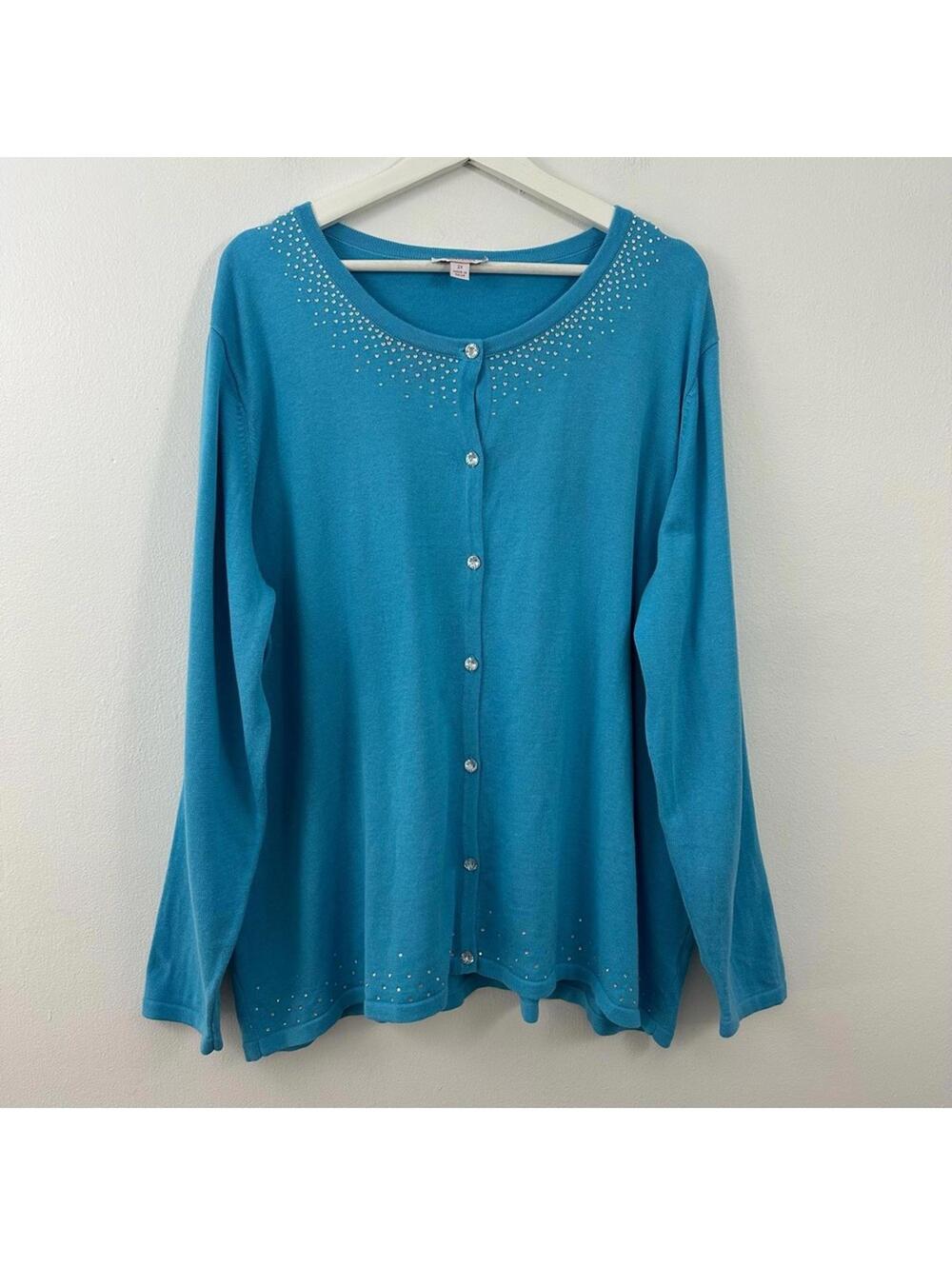 Quacker Factory Women’s Embellished Blue Button Down Cardigan Sweater Size 2X